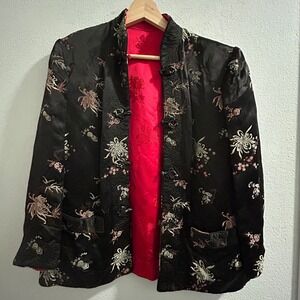 Vintage Reversible Black Red Floral Embroidered Quilted Mandarin Jacket Womens